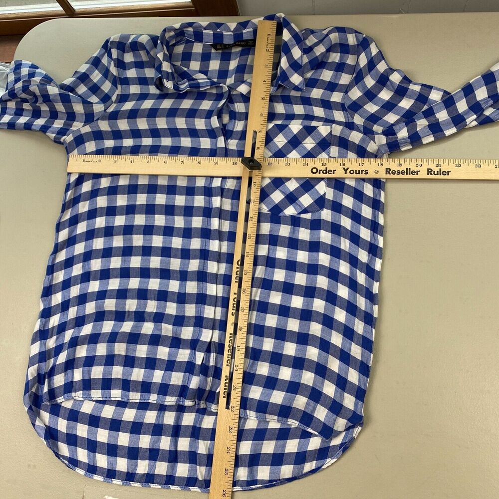 Zara‎ Basic Top Medium Womens Buffalo Plaid Button Up Pocket Silky Blue White - Picture 8 of 13